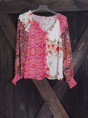 Mixed-Print Pink Floral Patchwork Blouse Size Medium